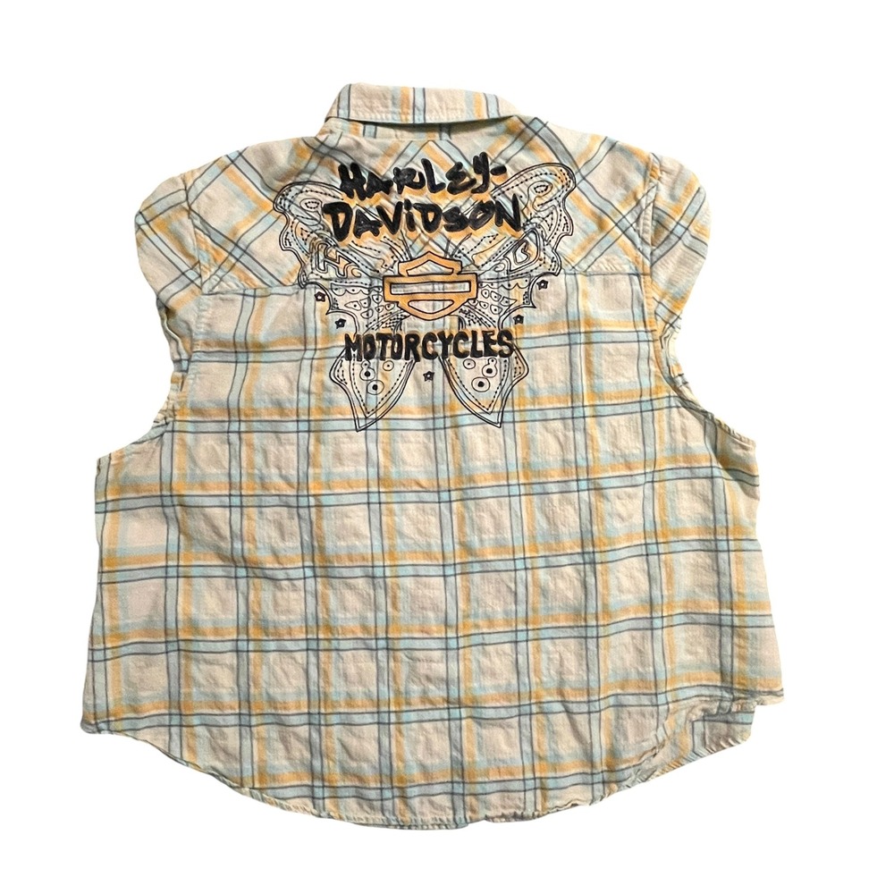 Harley Davidson Plaid Cap Sleeve Shirt Womens 2W Blue Yellow Butterfly Biker